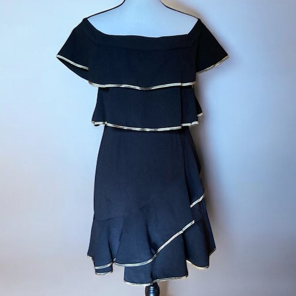 Wayf Dresses & Skirts - Wayf Dress Black Off Shoulder Gold Trim Layered Festive Party Dress